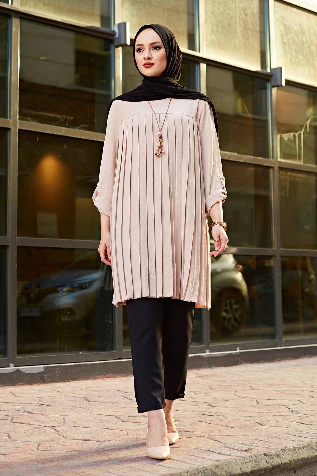 Muslim Woman Pleated Tunic Long Sleeve Muslim Tops Women Abaya Dubai Vintage Blouse Plaid Spring Autumn Warm Shirt Clothes Ladie