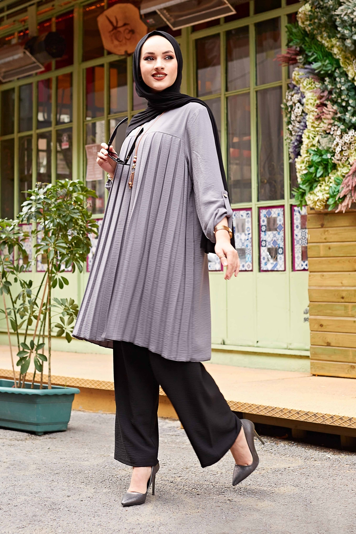Muslim Woman Pleated Tunic Long Sleeve Muslim Tops Women Abaya Dubai Vintage Blouse Plaid Spring Autumn Warm Shirt Clothes Ladie