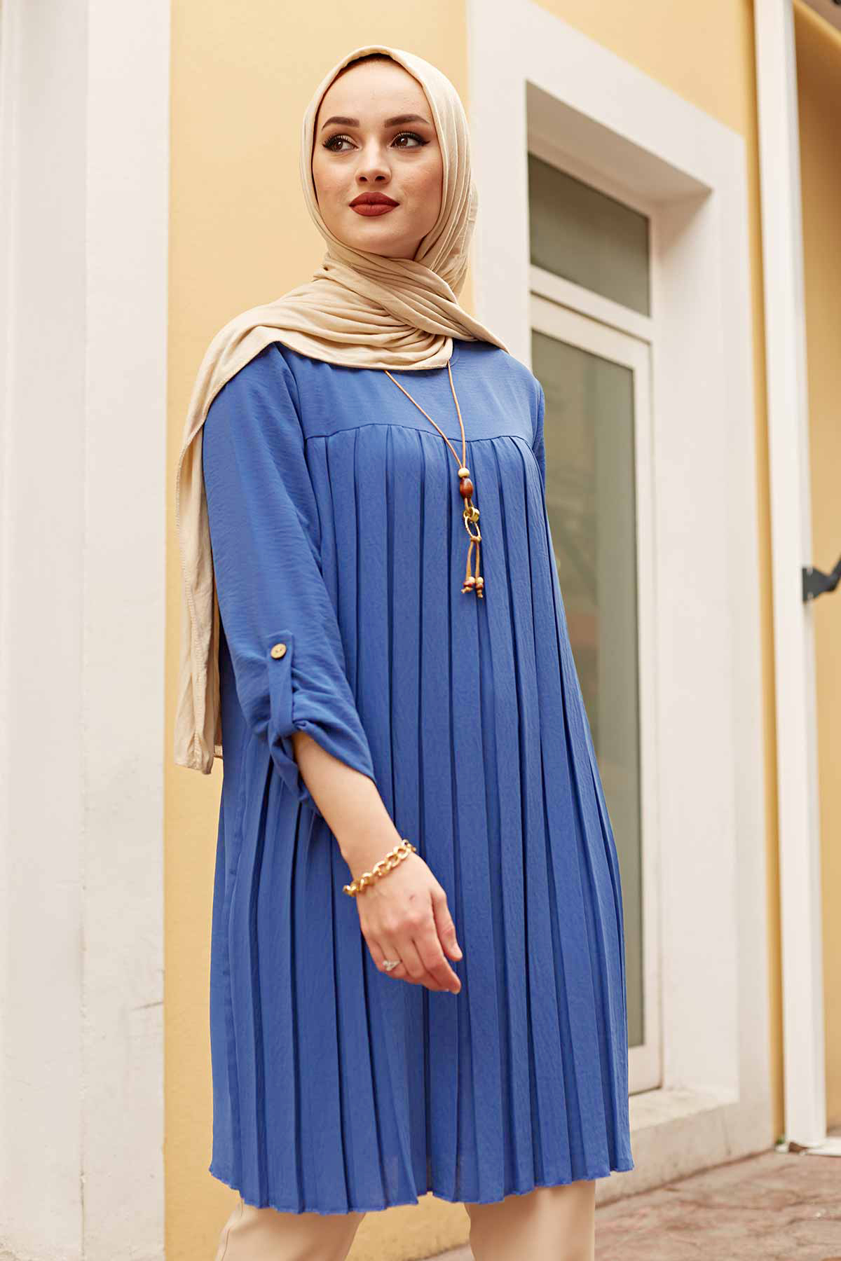 Muslim Woman Pleated Tunic Long Sleeve Muslim Tops Women Abaya Dubai Vintage Blouse Plaid Spring Autumn Warm Shirt Clothes Ladie