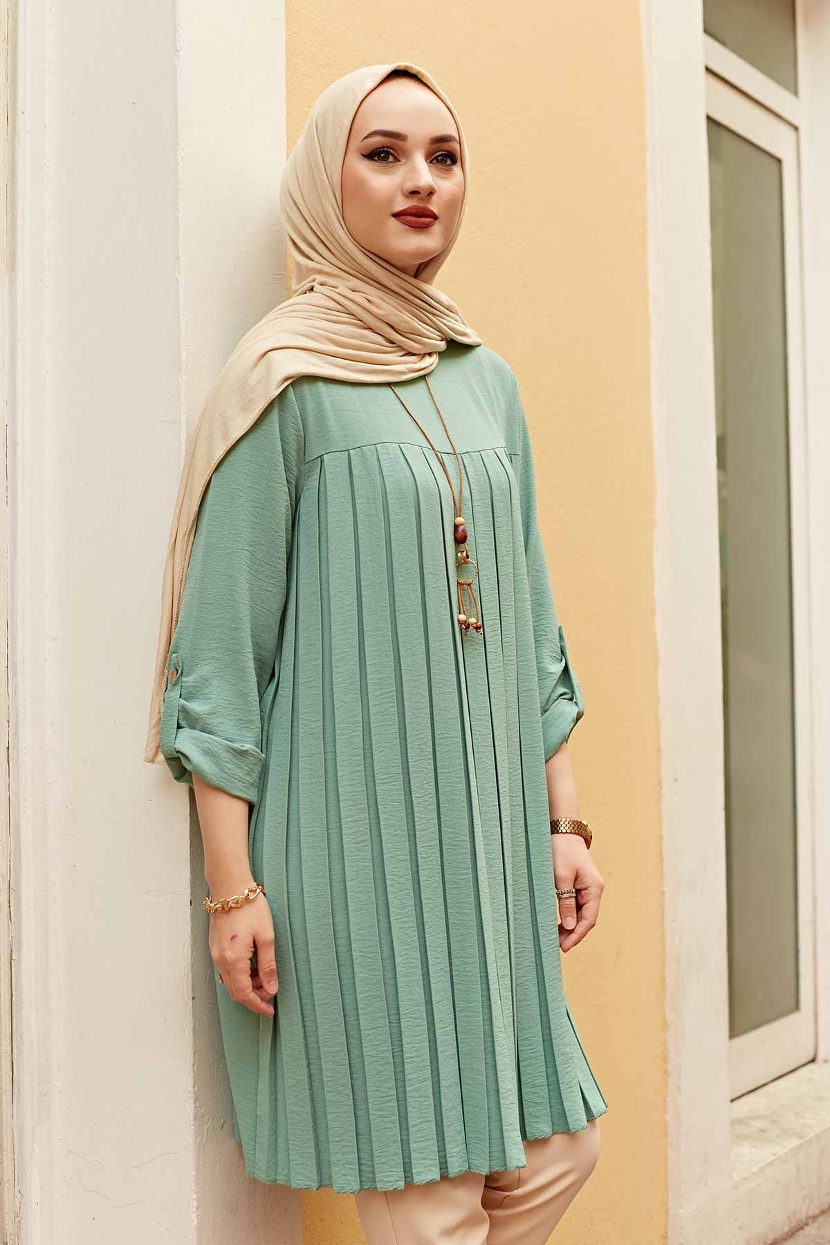 Muslim Woman Pleated Tunic Long Sleeve Muslim Tops Women Abaya Dubai Vintage Blouse Plaid Spring Autumn Warm Shirt Clothes Ladie
