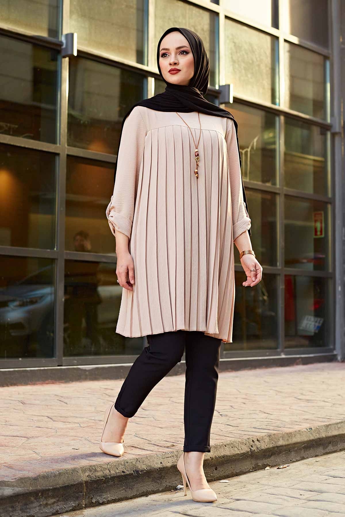 Muslim Woman Pleated Tunic Long Sleeve Muslim Tops Women Abaya Dubai Vintage Blouse Plaid Spring Autumn Warm Shirt Clothes Ladie