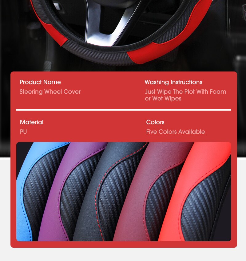 Car Steering Wheel Cover Breathable Anti Slip PU Leather Steering Covers Suitable 37-38cm Auto Decoration Carbon Fiber