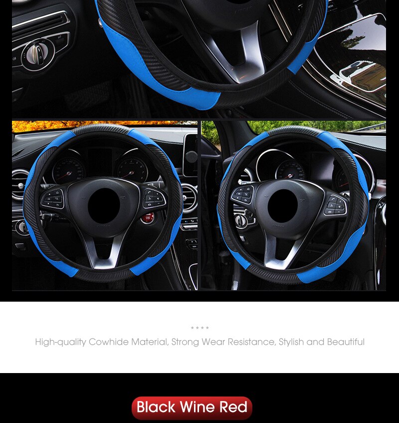 Car Steering Wheel Cover Breathable Anti Slip PU Leather Steering Covers Suitable 37-38cm Auto Decoration Carbon Fiber