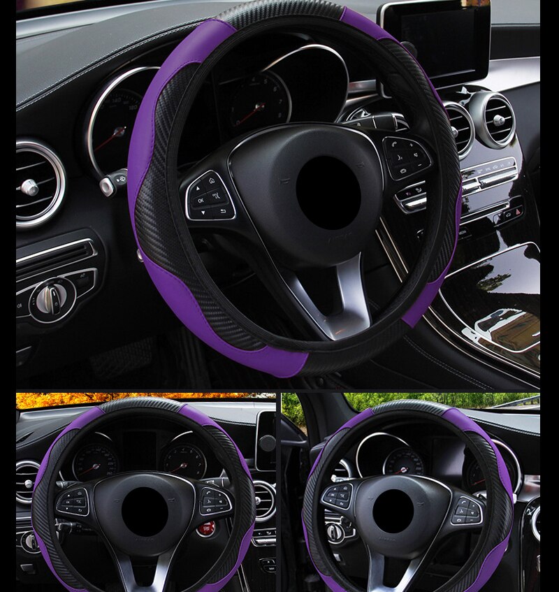 Car Steering Wheel Cover Breathable Anti Slip PU Leather Steering Covers Suitable 37-38cm Auto Decoration Carbon Fiber