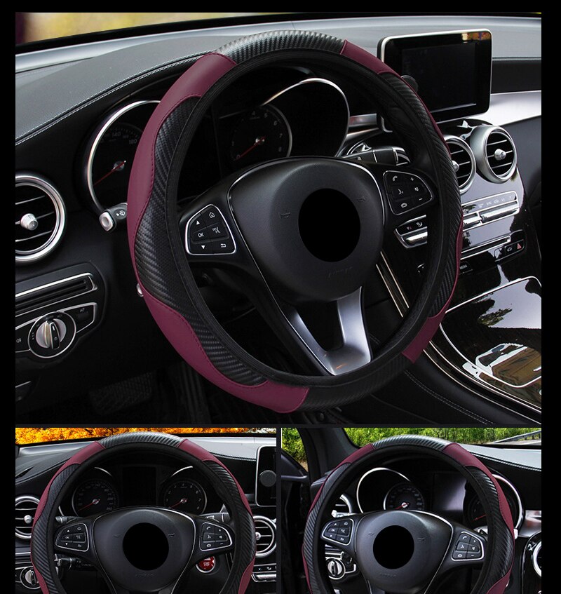 Car Steering Wheel Cover Breathable Anti Slip PU Leather Steering Covers Suitable 37-38cm Auto Decoration Carbon Fiber