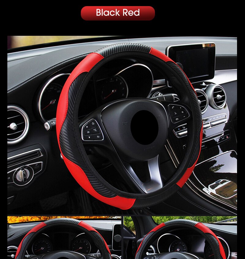 Car Steering Wheel Cover Breathable Anti Slip PU Leather Steering Covers Suitable 37-38cm Auto Decoration Carbon Fiber